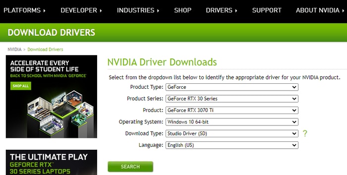 Select product type, series and OS for NVIDIA Driver