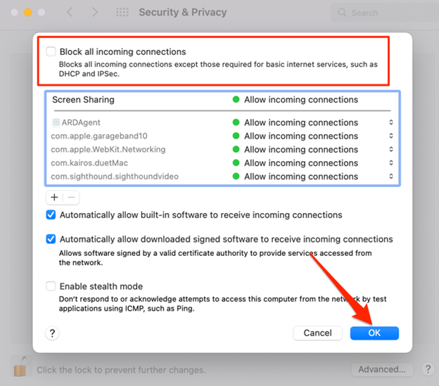 Block all incoming connections