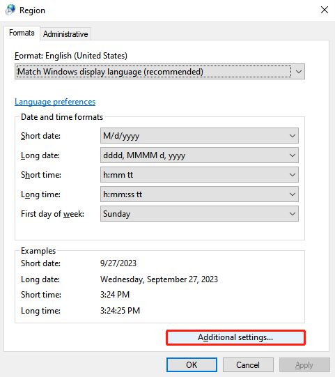 Check Decimal Symbol Setting - Click on Addition Setting