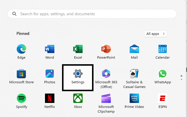 Click on Setting option for Windows